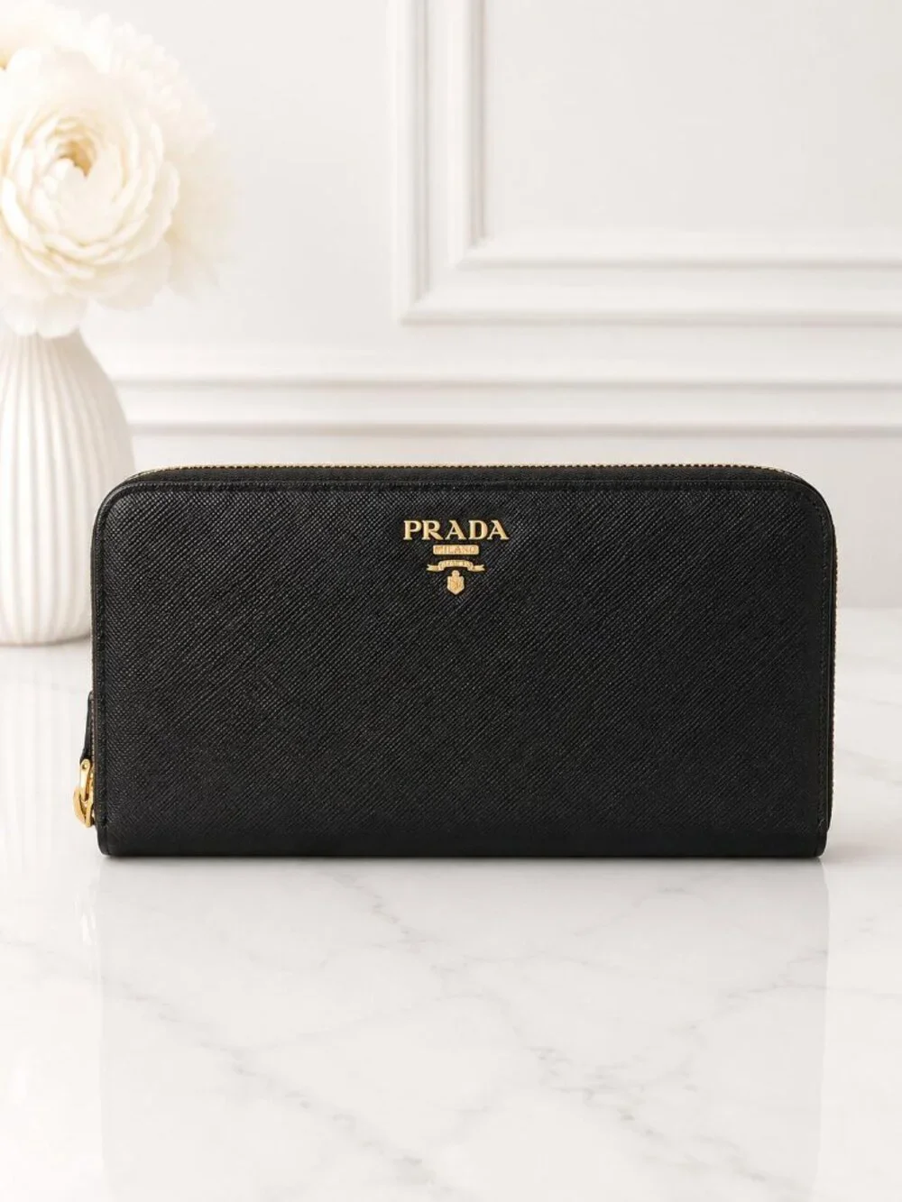 Authentic Prada Black Saffiano Leather Zip-Around Wallet